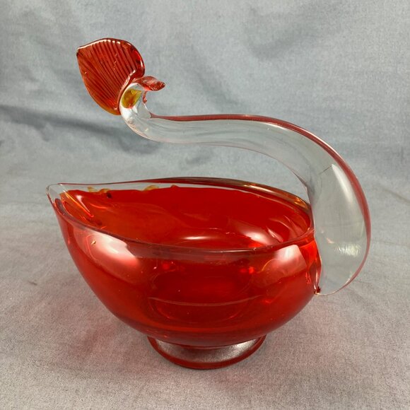 Vtg Red Handmade Blown Glass Red Peahen Trinket Soap Candy Nut Dish 7" - Picture 2 of 6